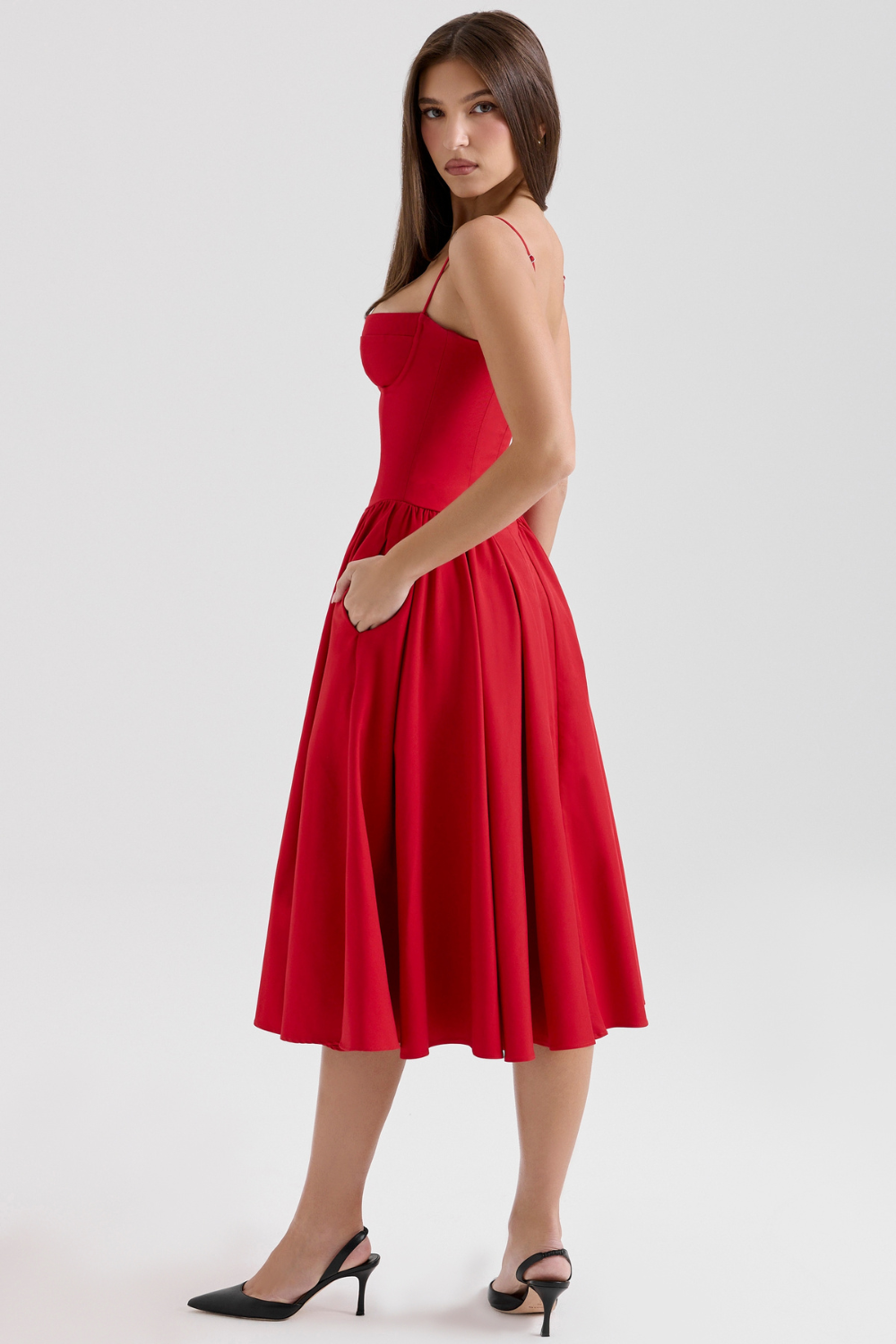Solène – Robe midi en sergé à corset