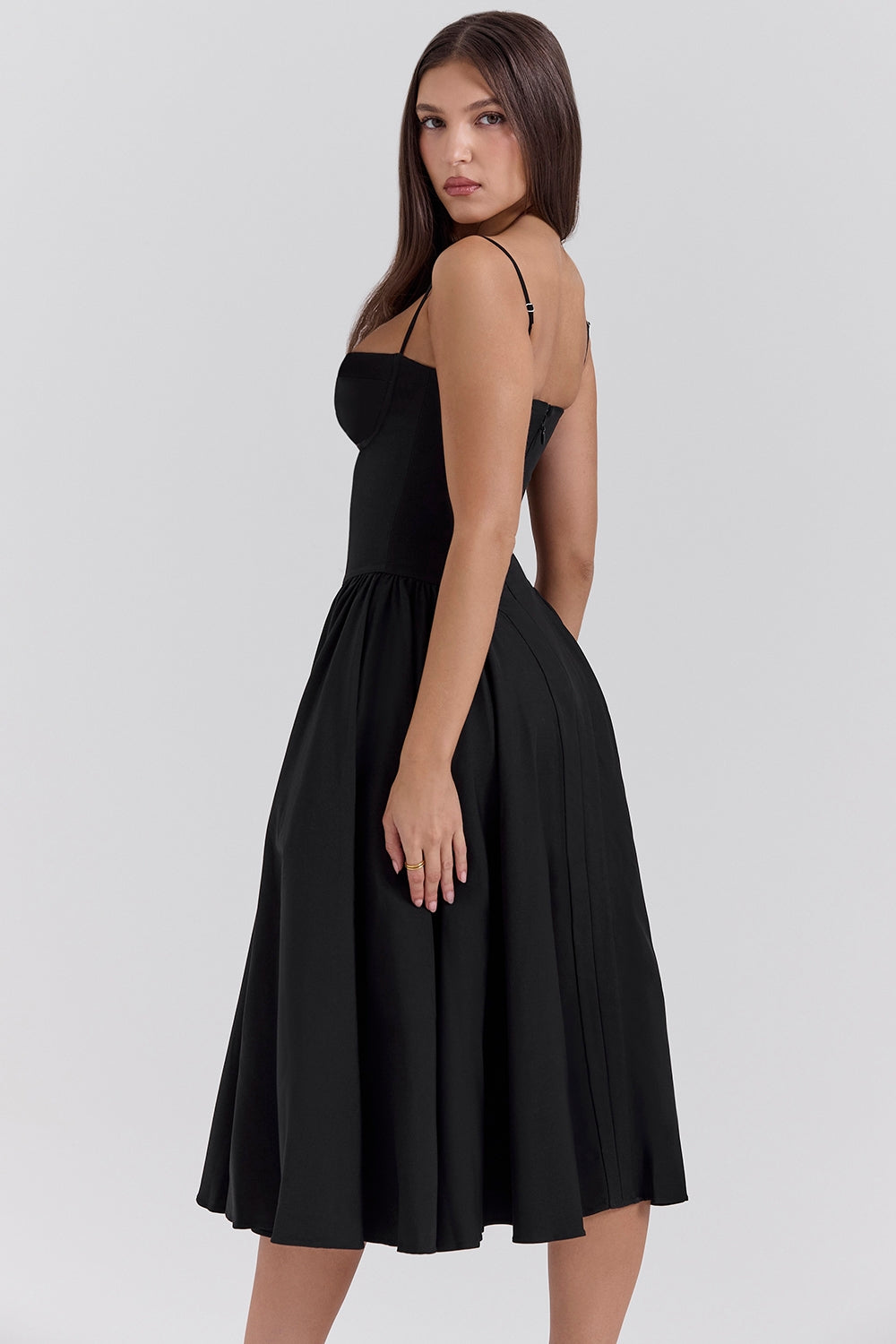 Solène – Robe midi en sergé à corset