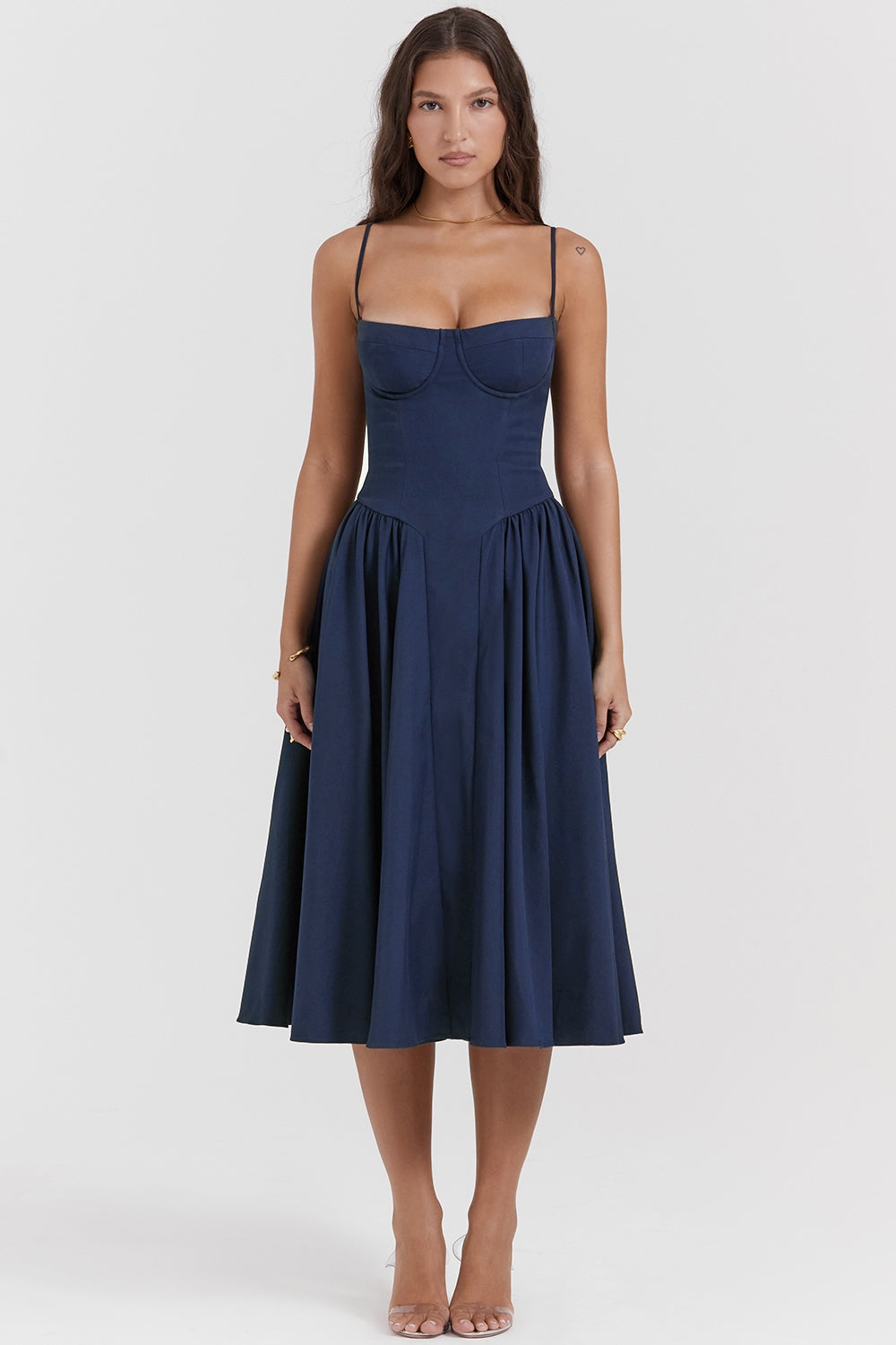 Solène – Robe midi en sergé à corset