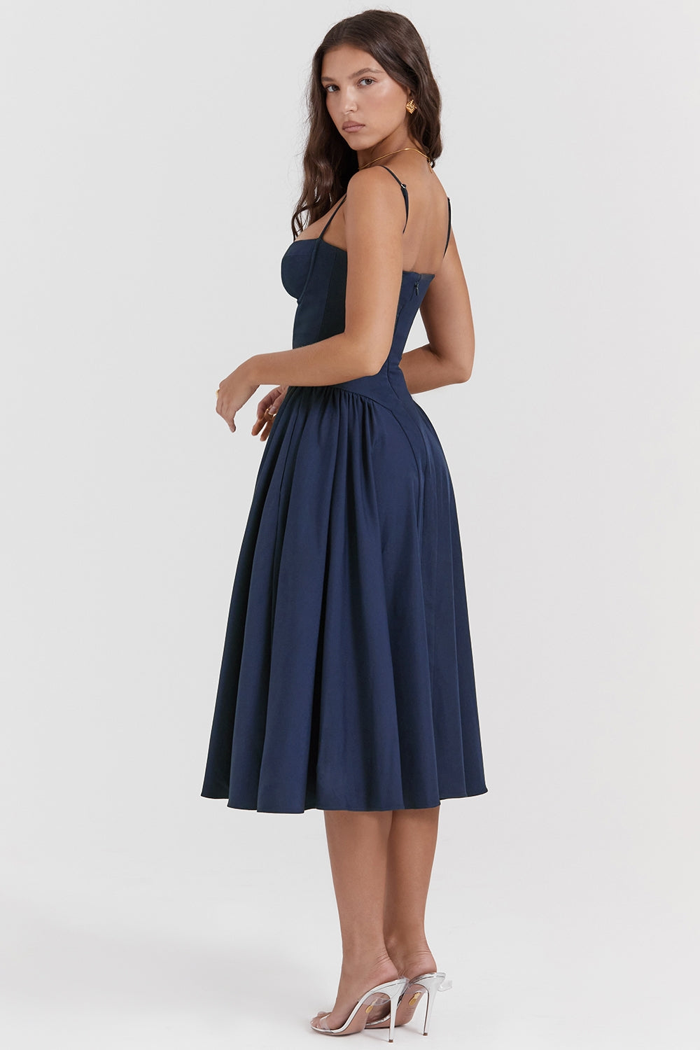 Solène – Robe midi en sergé à corset