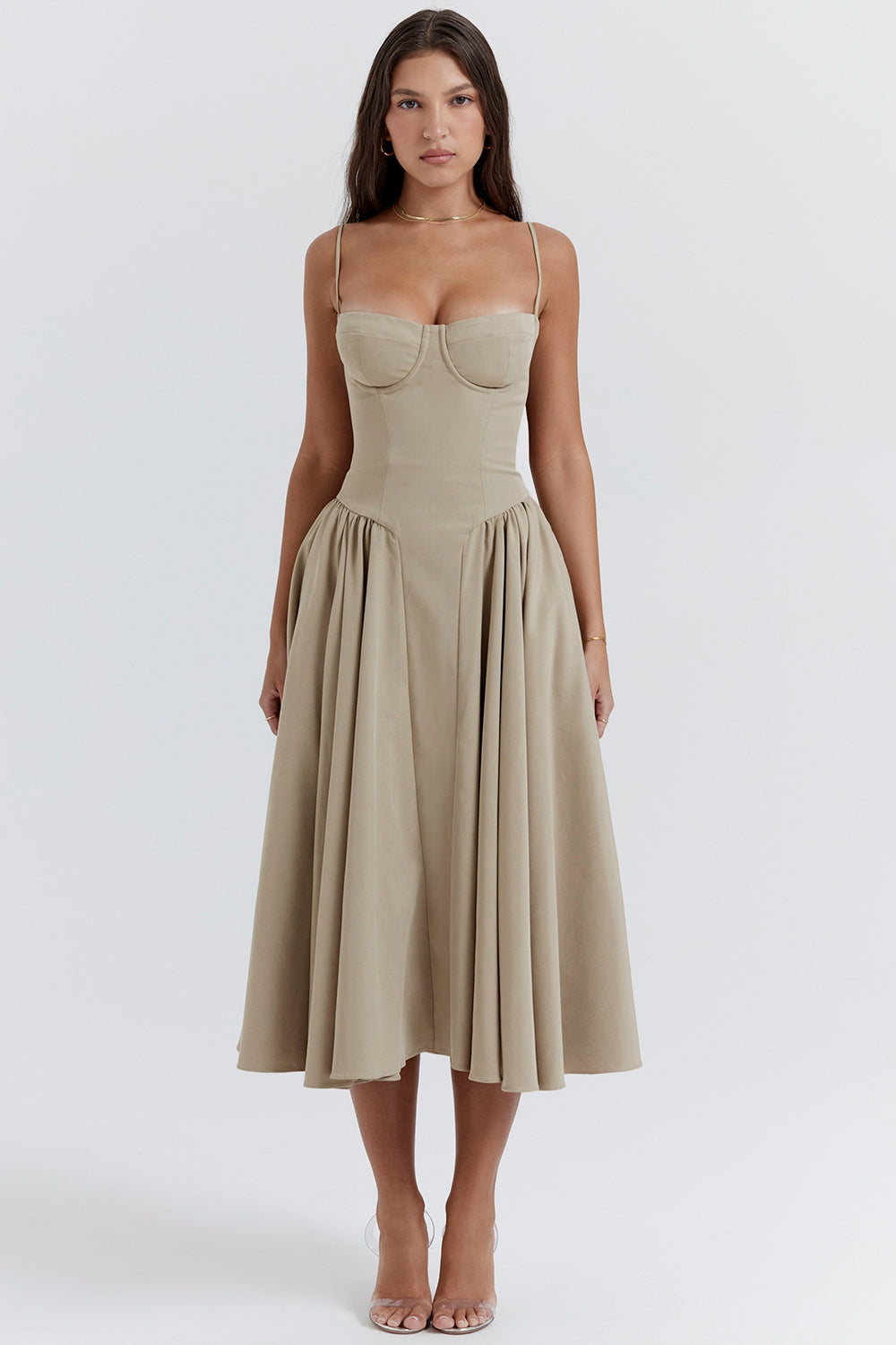 Solène – Robe midi en sergé à corset