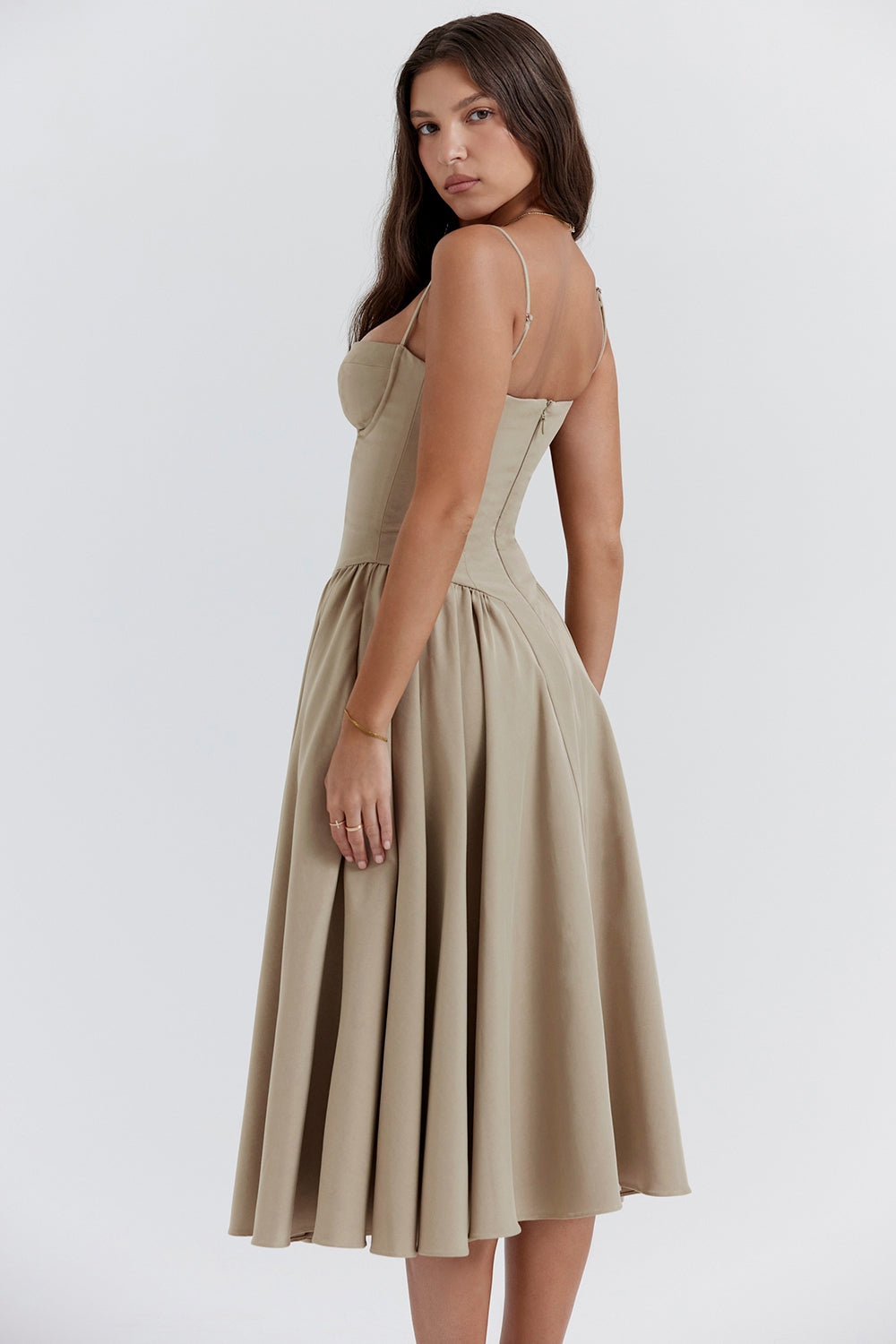 Solène – Robe midi en sergé à corset