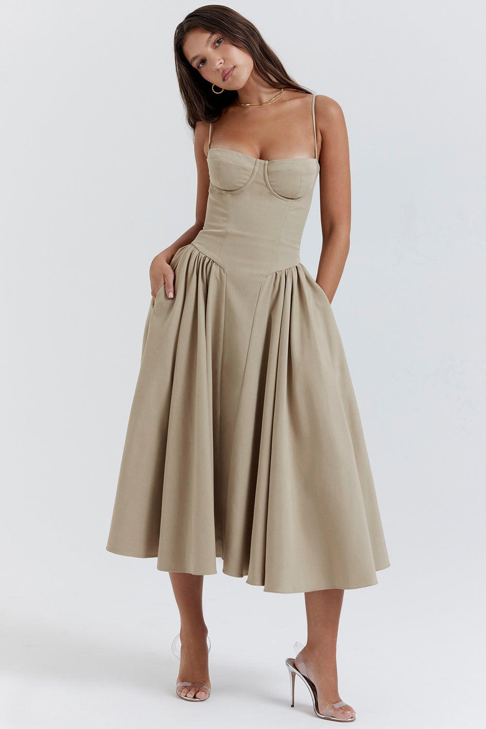 Solène – Robe midi en sergé à corset