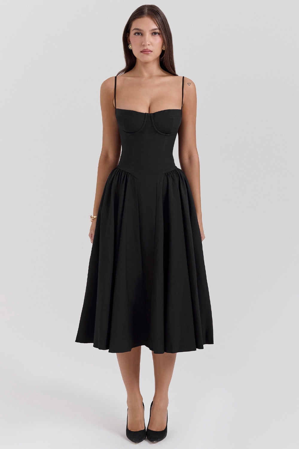 Solène – Robe midi en sergé à corset