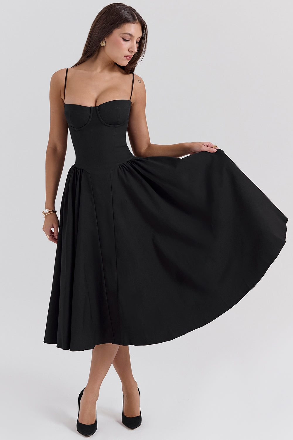 Solène – Robe midi en sergé à corset
