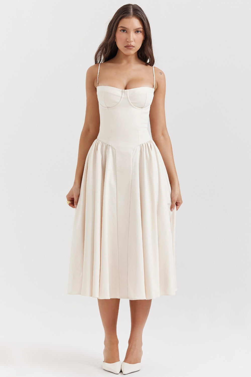 Solène – Robe midi en sergé à corset