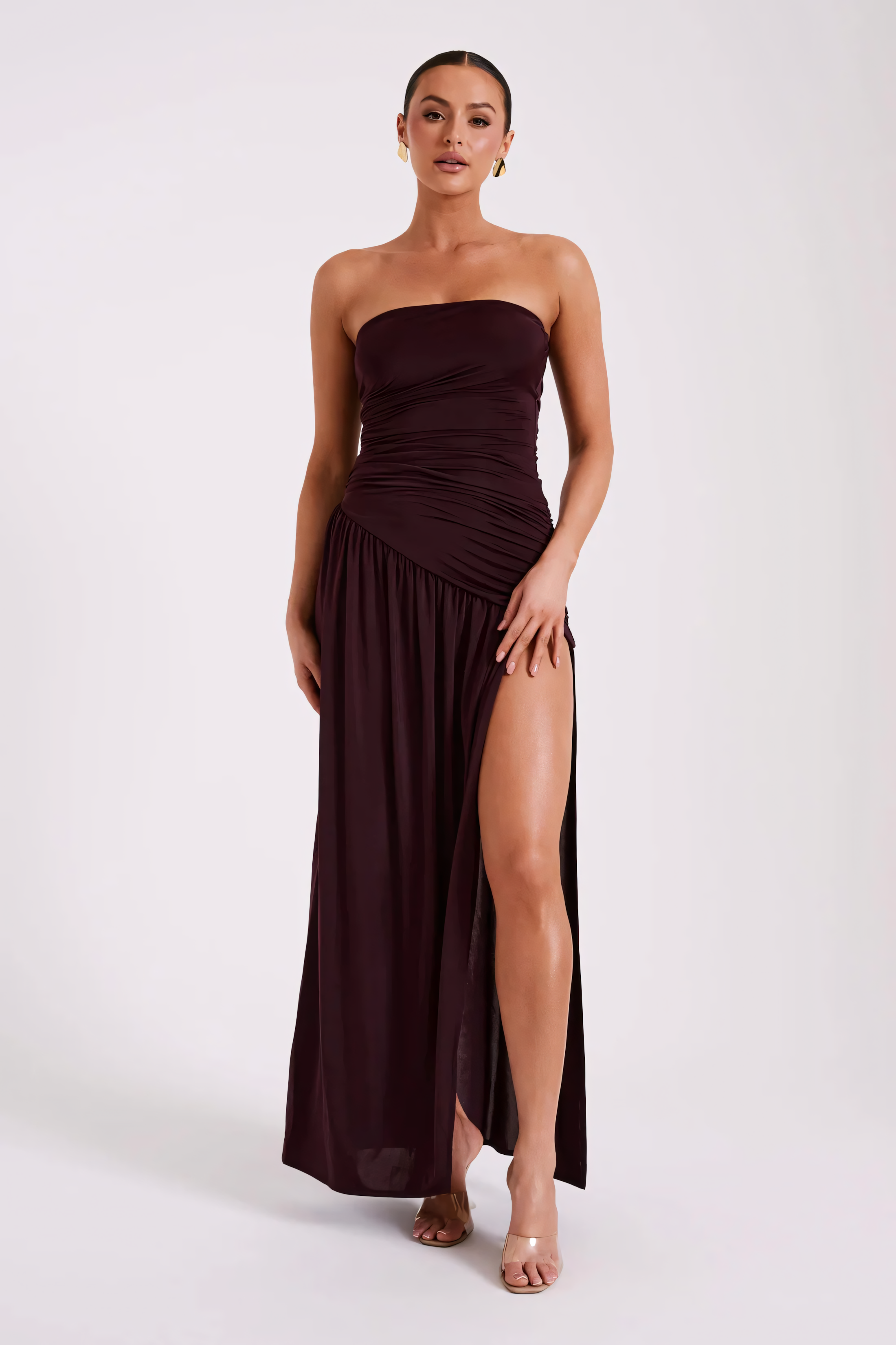 Selvara – Robe longue froncée bordeaux